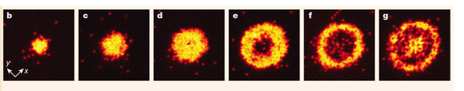 Experimental images from Sherson et al, Nature 467 (2010) reproduced here under the Fair Use policy. The bright orange points are individual atoms. These are the sorts of images we wanted to be able to reproduce with our computer simulations.