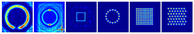 Example patterns of light that can be made using a Spatial Light Modulator (SLM) device, developed by my colleagues at the University of St Andrews. Atoms are drawn to the bright spots, so by making these patterns with light, we can place the atoms in any arrangement we wish.